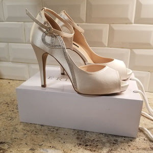 Erijunor Champagne Satin Peeptoe Rhinestone Ankle